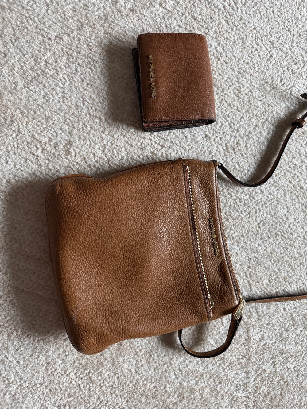 Michael Kors Cognac Pebbled Leather Crossbody Bag with Matching Wallet